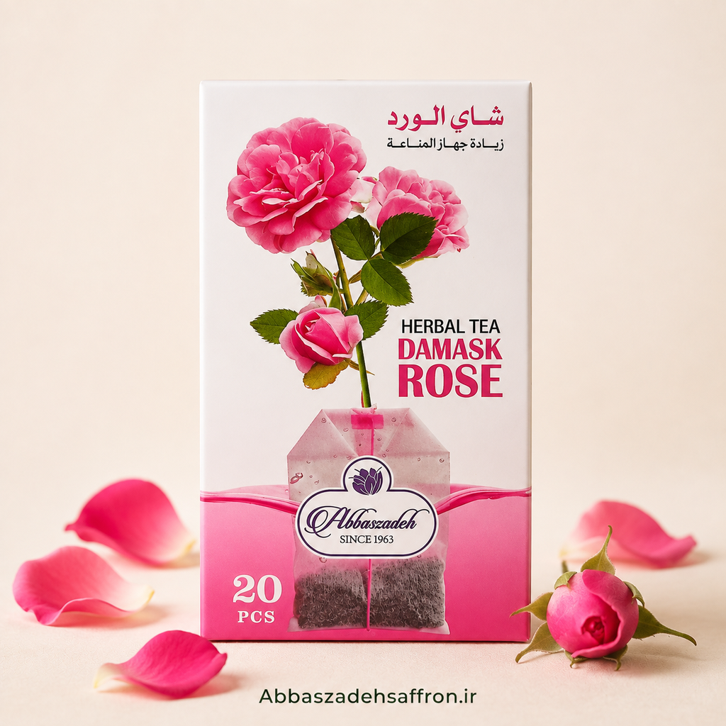 بسته دمنوش کیسه‌ای گل محمدی عباس‌زاده اصل ۲۰ عددی همراه با گل سرخ و دمنوش معطر