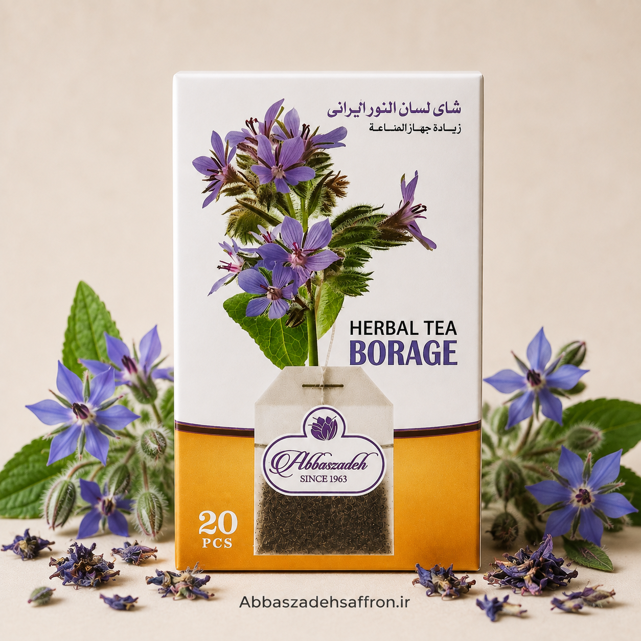 بسته چای کیسه‌ای گل گاوزبان عباس‌زاده اصل ۲۰ عددی همراه با گل‌های بنفش گل گاوزبان