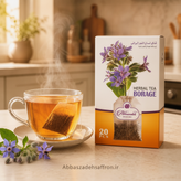 بسته چای کیسهای گل گاوزبان عباسزاده اصل ۲۰ عددی همراه با گلهای بنفش گل گاوزبان