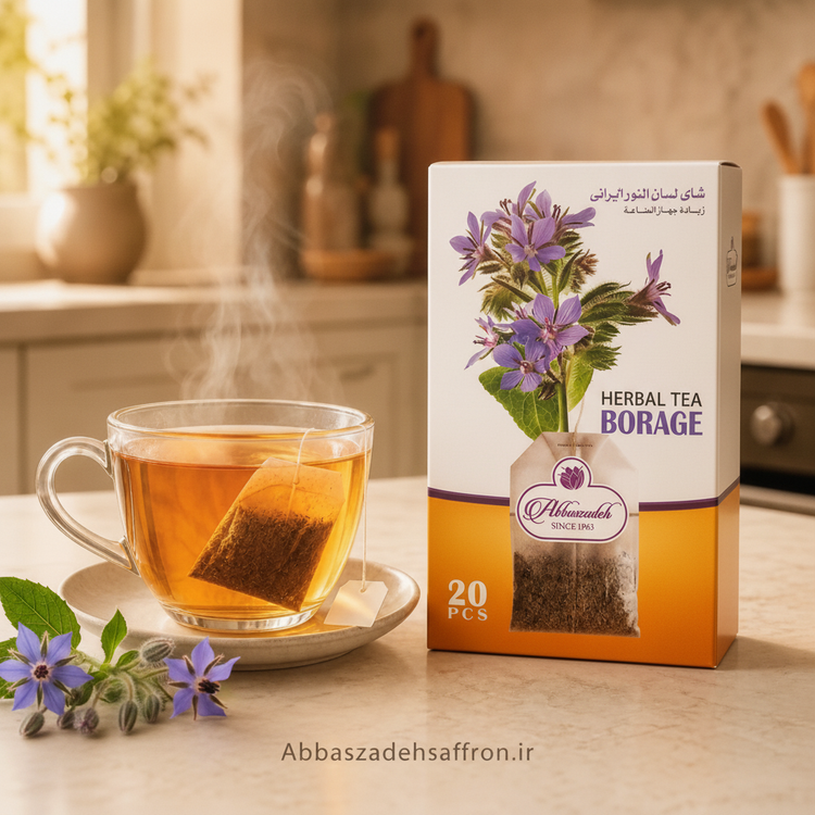 بسته چای کیسهای گل گاوزبان عباسزاده اصل ۲۰ عددی همراه با گلهای بنفش گل گاوزبان