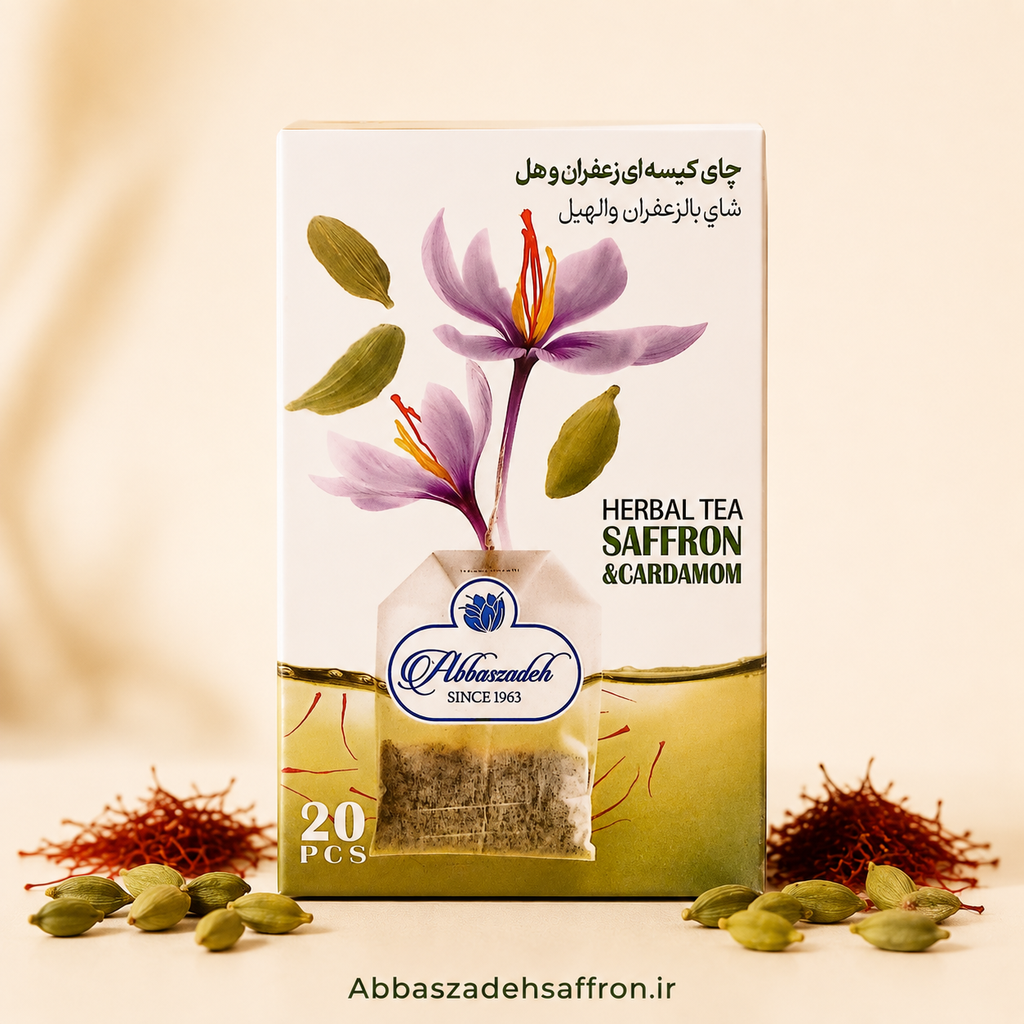 بسته چای کیسه‌ای زعفران و هل عباس‌زاده اصل ۲۰ عددی در کنار گل‌های بنفش زعفران، دندانه‌های سرخ سرگل و دانه‌های سبز هل