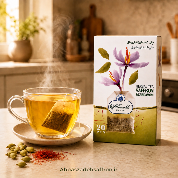 بسته چای کیسهای زعفران و هل عباسزاده اصل ۲۰ عددی در کنار گلهای بنفش زعفران، دندانههای سرخ سرگل و دانههای سبز هل